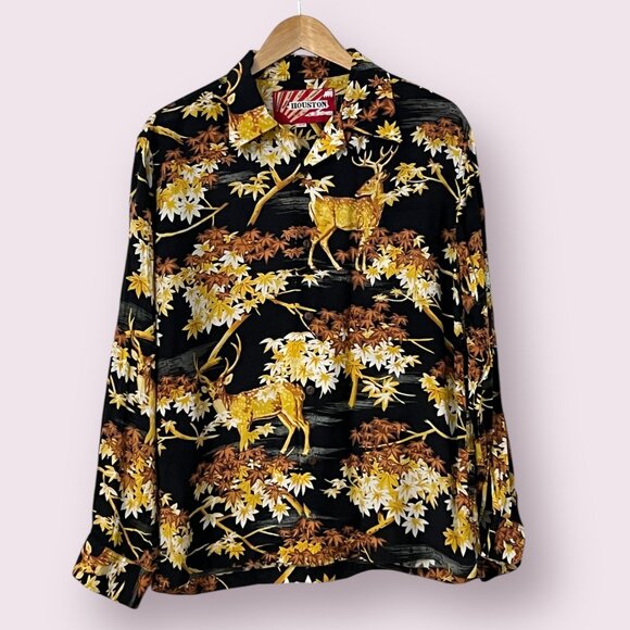 Houston Japan Rayon Shirt Large Stag Deer Print Autumn Maple Leaves Black Aloha - Picture 1 of 9